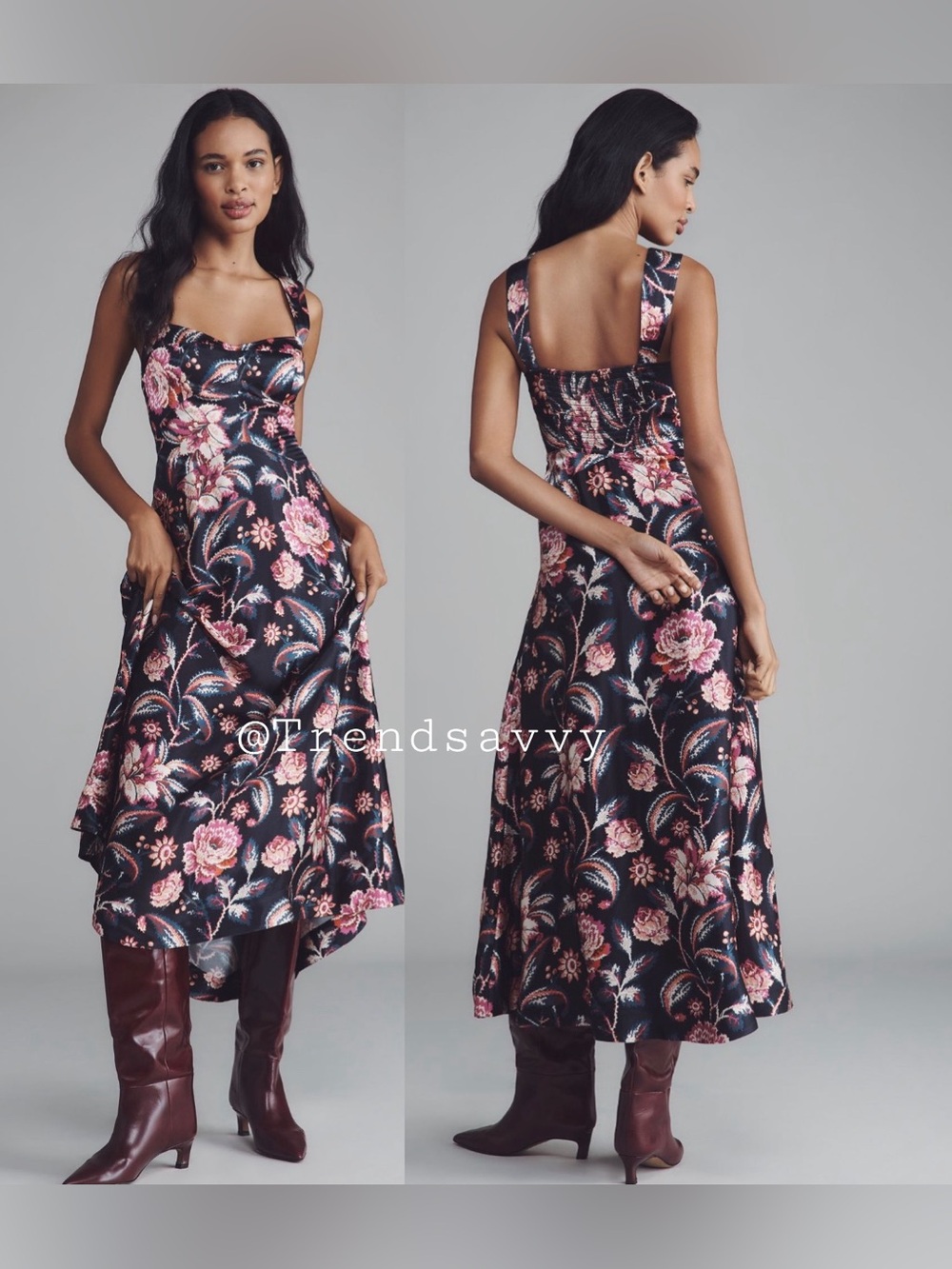 Anthropologie Maeve Jocelyn Floral Slip Midi Dress Black Pink Wedding Guest M